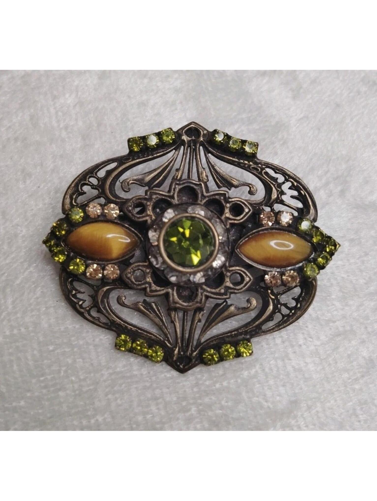 Vintage Signed Sorrelli Art Deco Style Bronzed Rhinestone Brooch Pin 35$